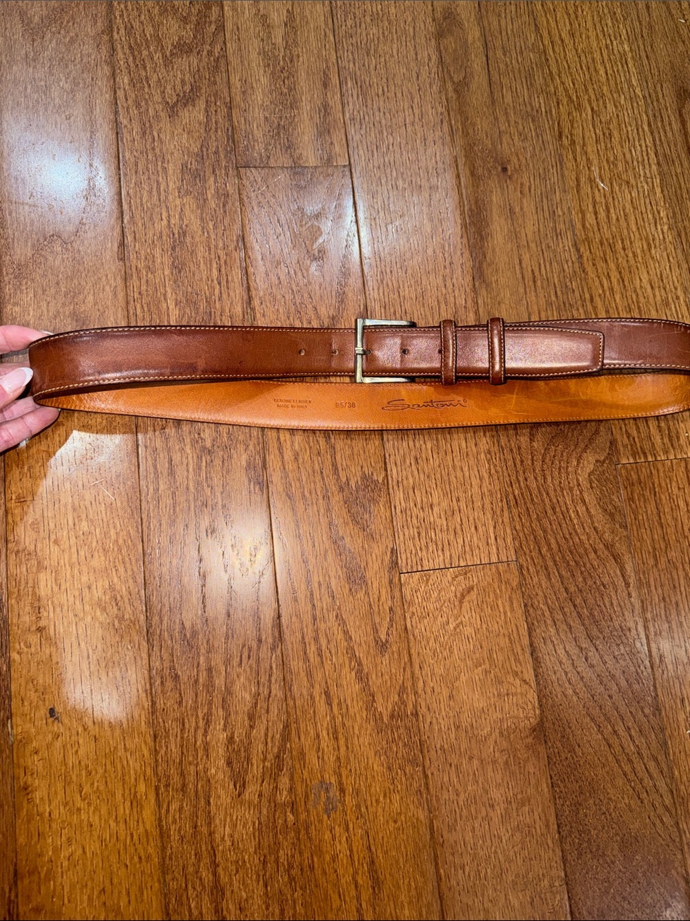 Santoni Two-Tone Brown Leather Belt with Silver Buckle